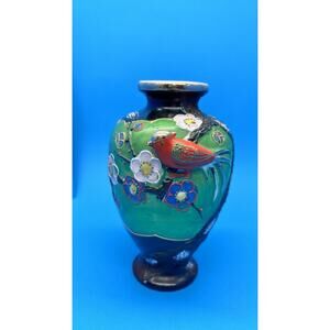 Vintage Made in Japan Moriage Vase 6” Red Bird Floral Raised MCM Mid Century